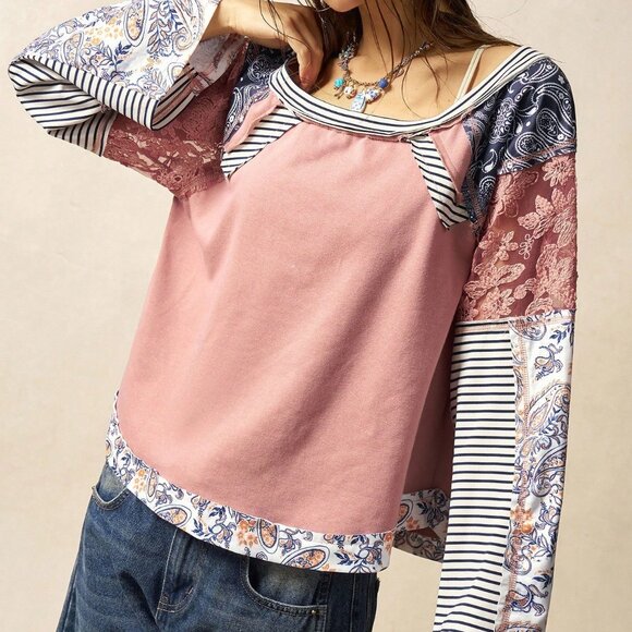 Coral Pink Boho Women's Countryside Vacation Knit Blouse - Picture 4 of 6